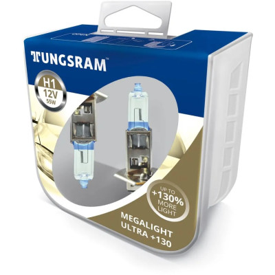 !РАСПРОДАЖА! Лампа галогенная Tungsram Megalight Ultra +130 H1, 12V, 55W (упаковка 2шт.)
