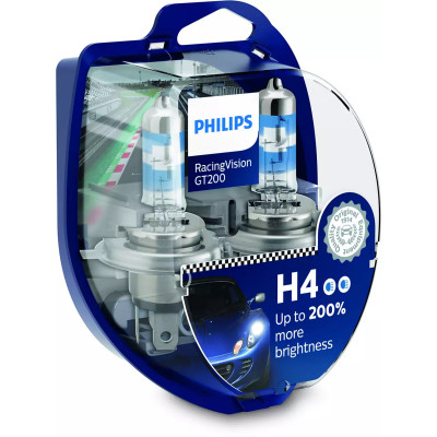 !РАСПРОДАЖА! Лампа галогенная Philips Racing Vision GT200 +200% H4 (P43t) 12V 60/55W (2шт.)